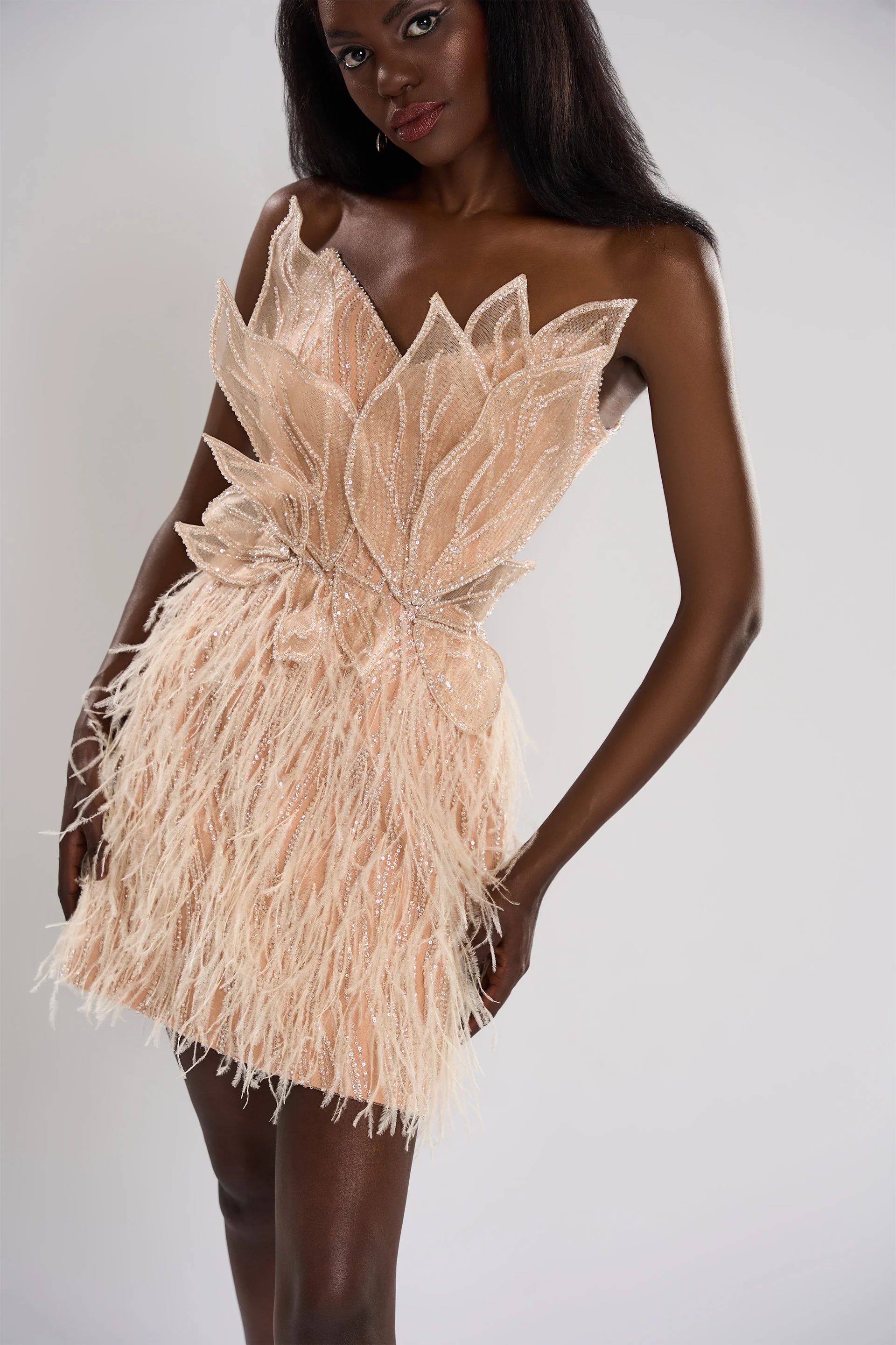 Rochie de  cocktail din broderie cu aplicatii 3D si pene Etta CA105 - Image 10