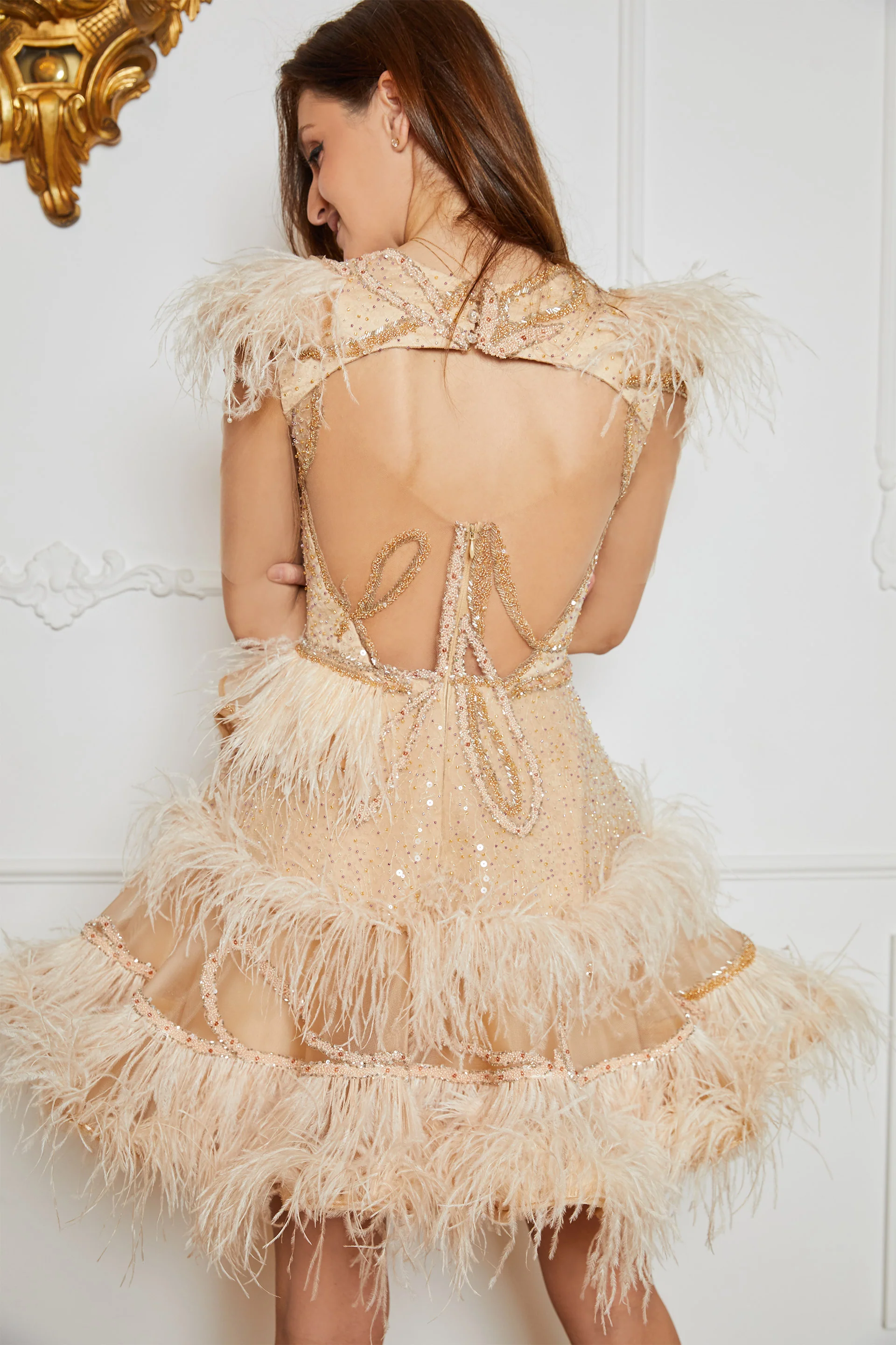 Rochie de cocktail realizata din paiete cu margele si pene CA1303 - Image 10
