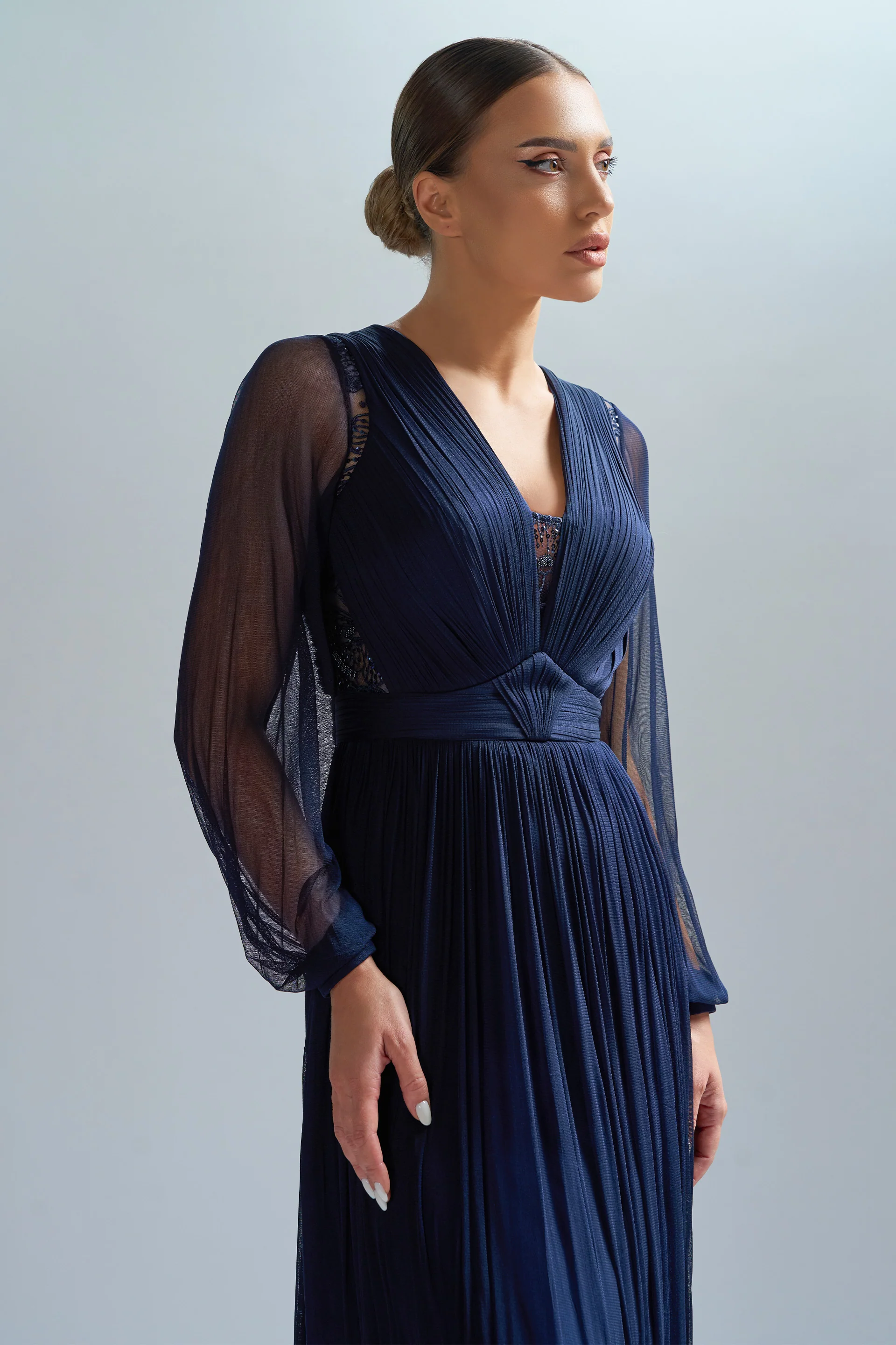 Rochie de seara cu fronseuri din tul de matase realizate manual Anastasia CA84 - Image 3