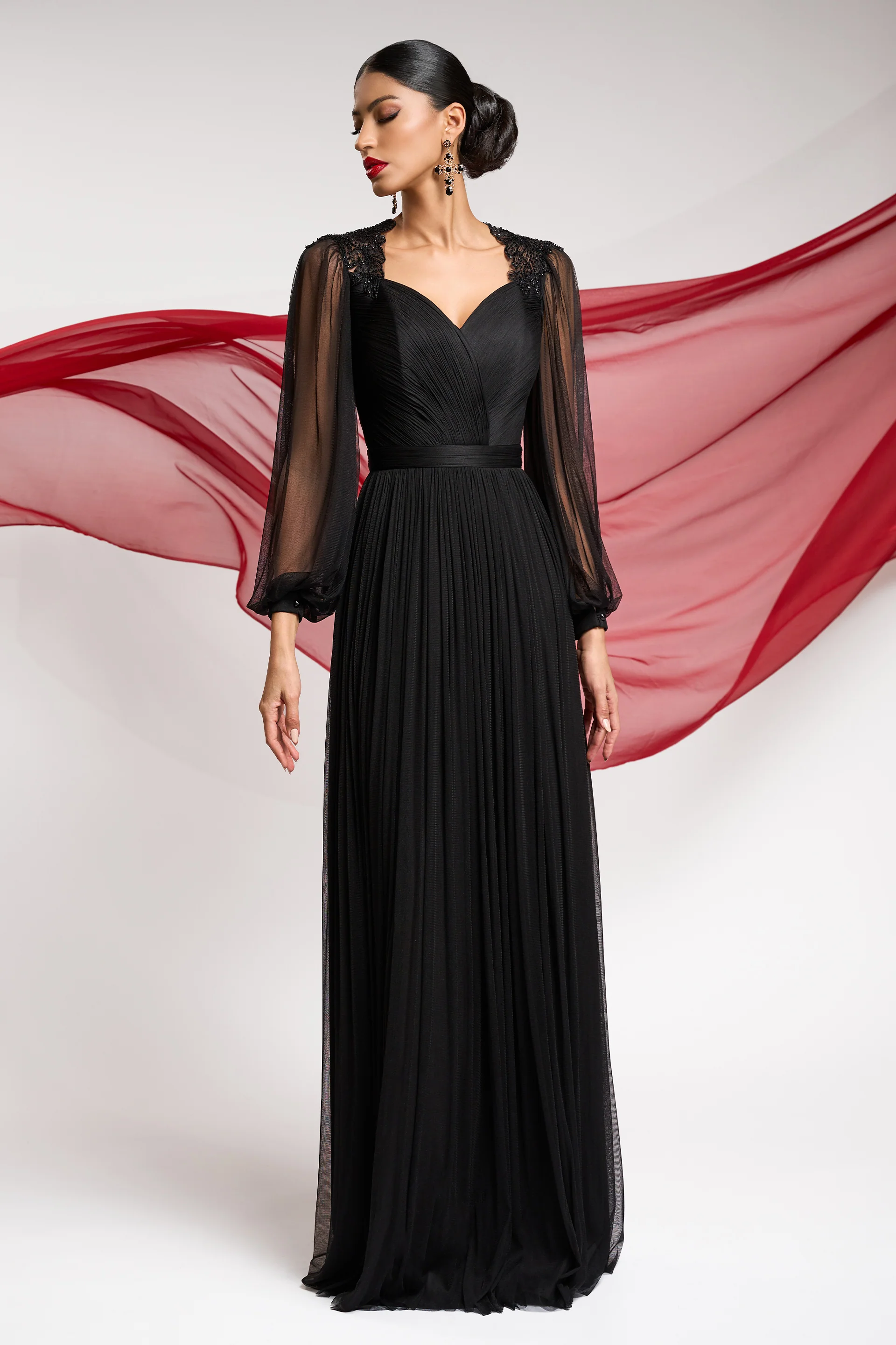 Rochie de seara,  cu maneci lungi, din tul de matase naturala Marisol CA130