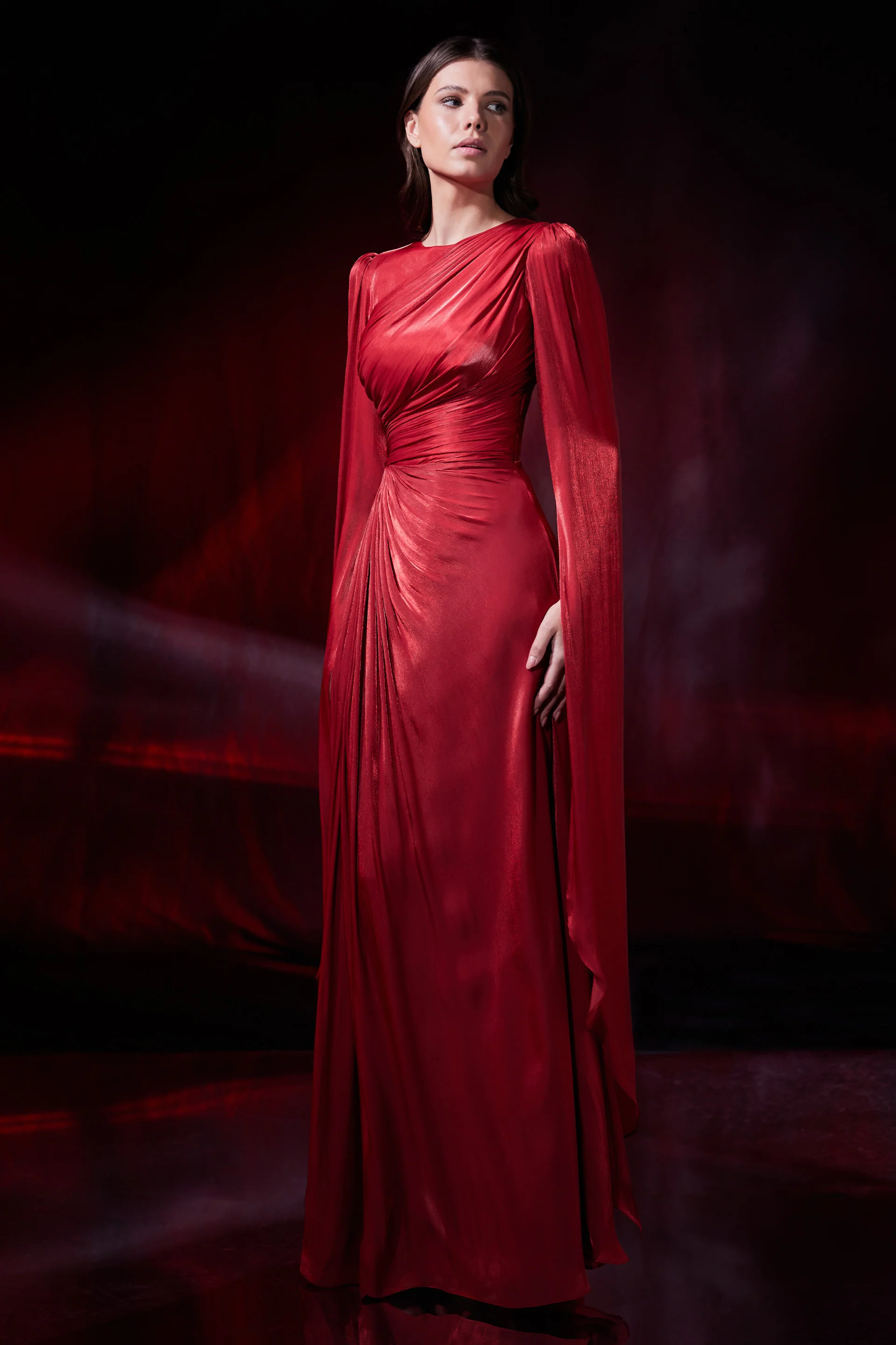 Rochie de seara lunga cu maneci vaporoase din chiffon de matase metalizat Halo CA191 - Image 3