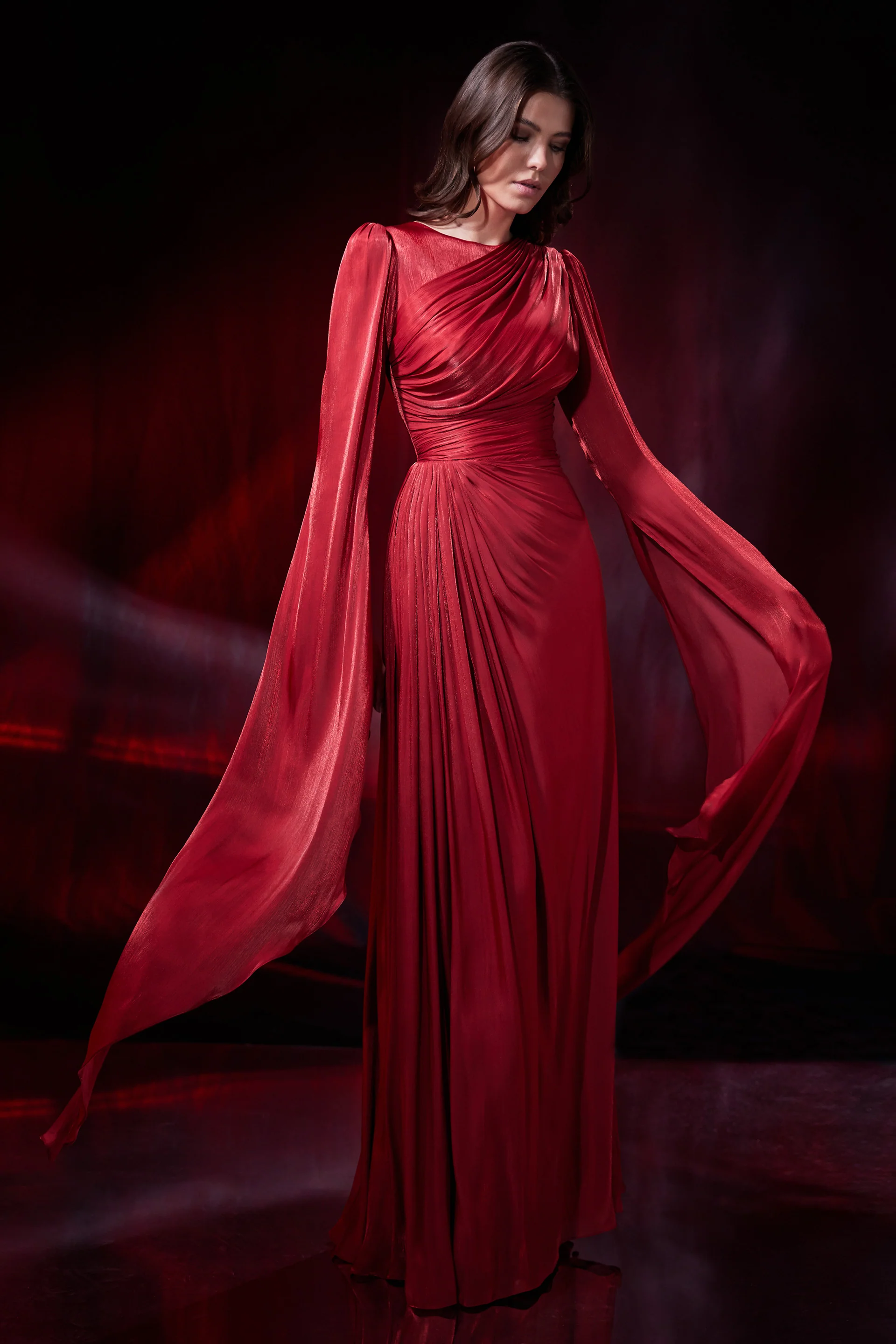 Rochie de seara lunga cu maneci vaporoase din chiffon de matase metalizat Halo CA191 - Image 4