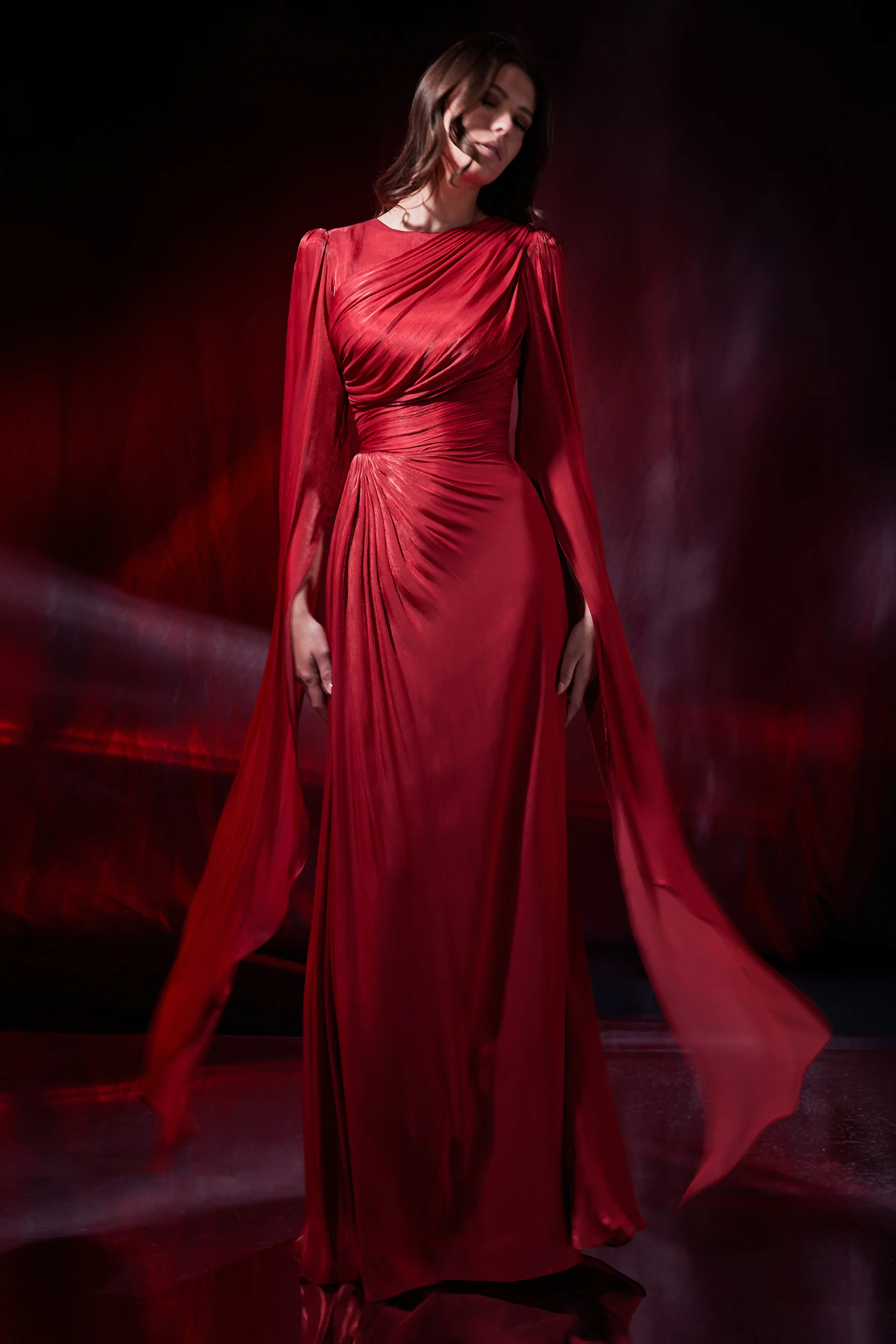 Rochie de seara lunga cu maneci vaporoase din chiffon de matase metalizat Halo CA191 - Image 5