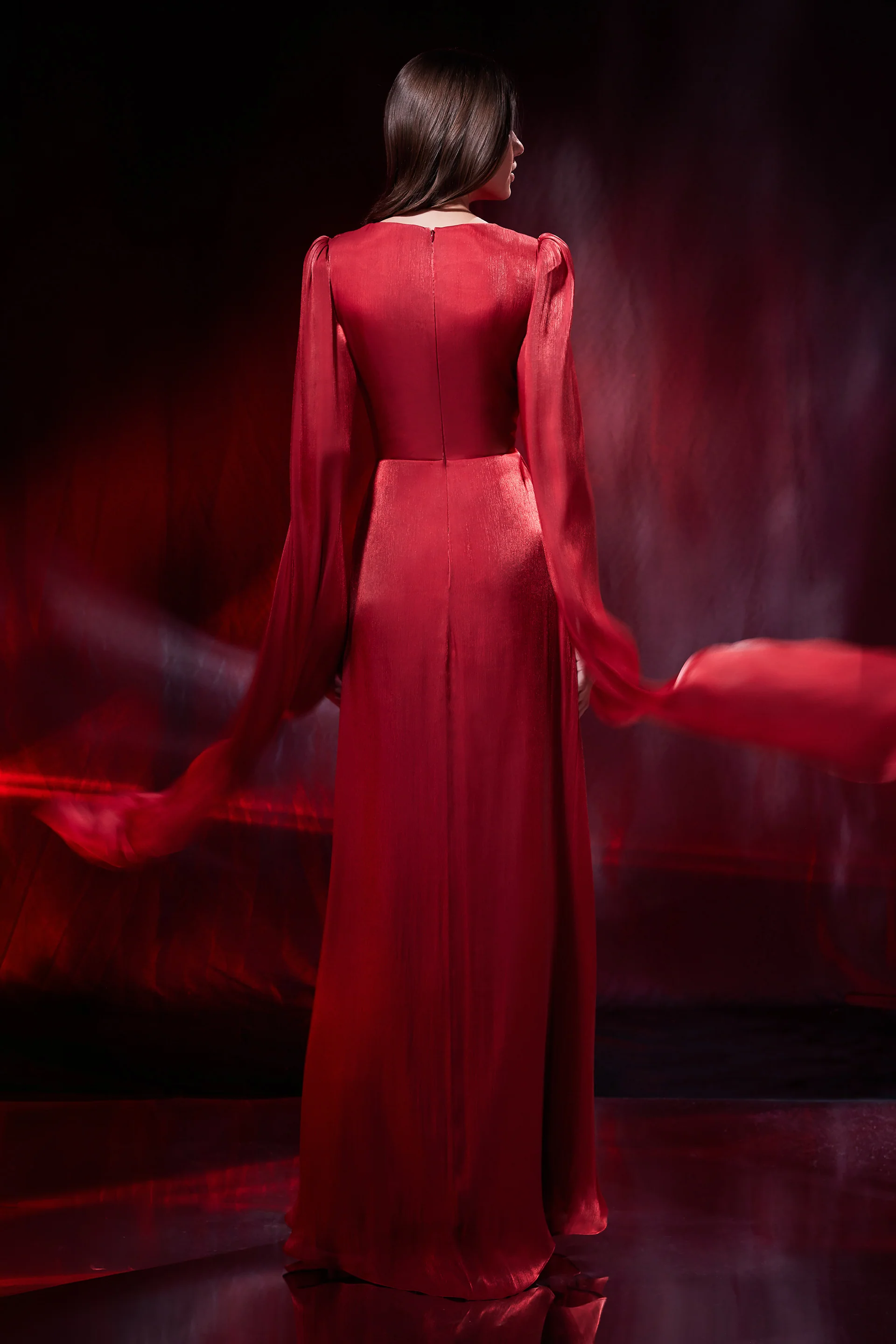 Rochie de seara lunga cu maneci vaporoase din chiffon de matase metalizat Halo CA191 - Image 9