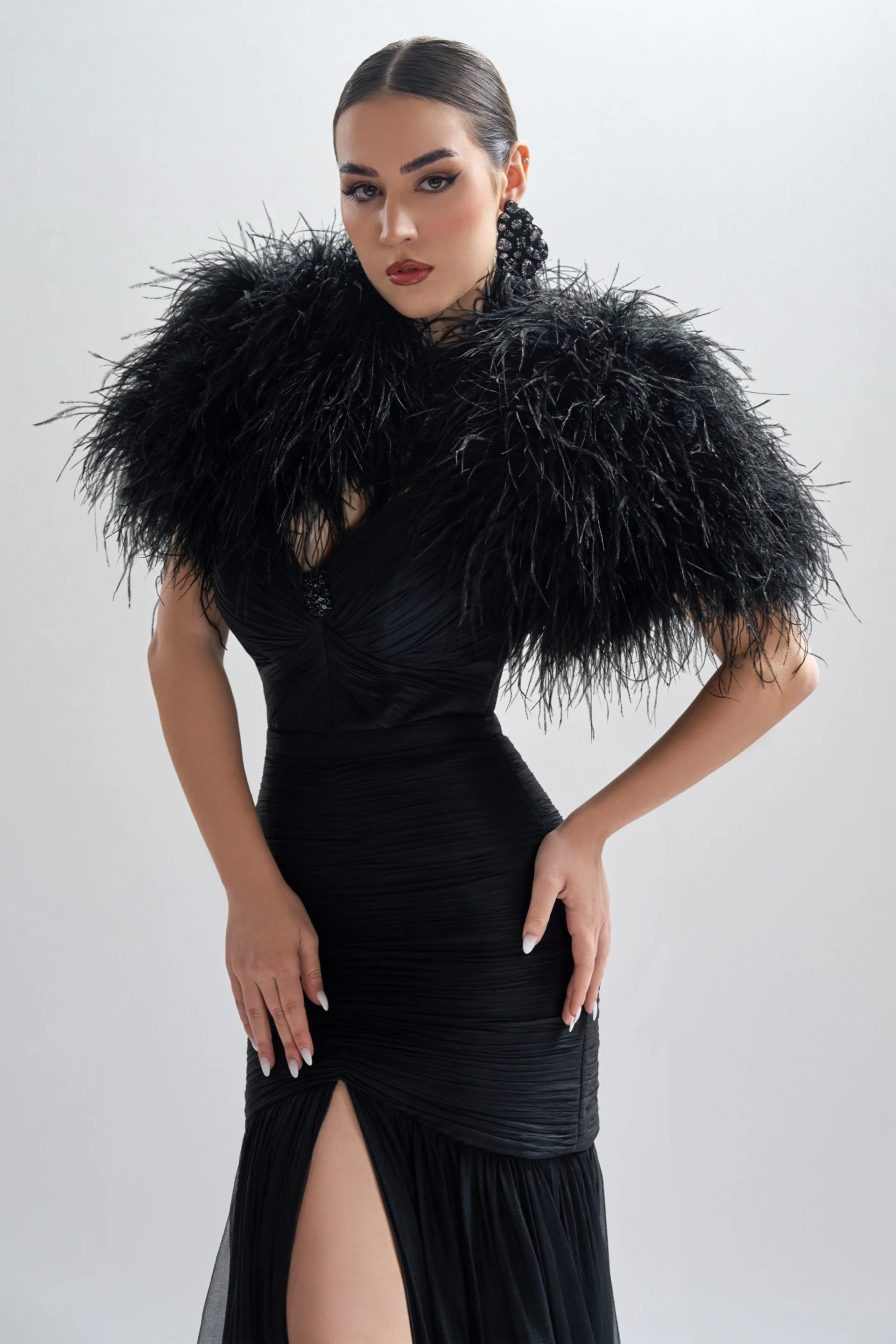 Rochie de seara lunga cu fronseuri din voal de matase peliculizat Persephone CA77 - Image 6