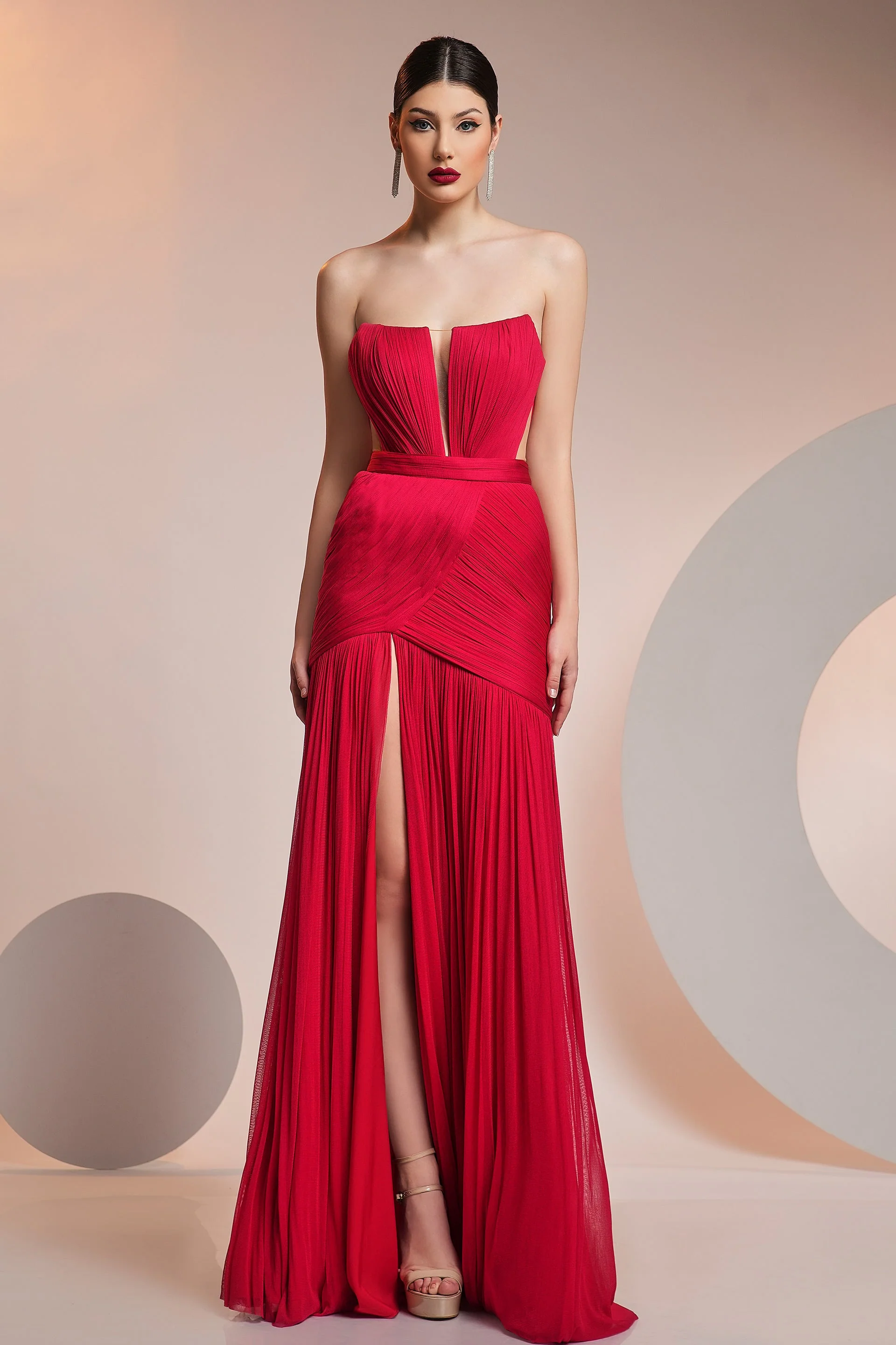 Rochie de seara lunga din fronseuri din matase si slit frontal CA582 - Image 5