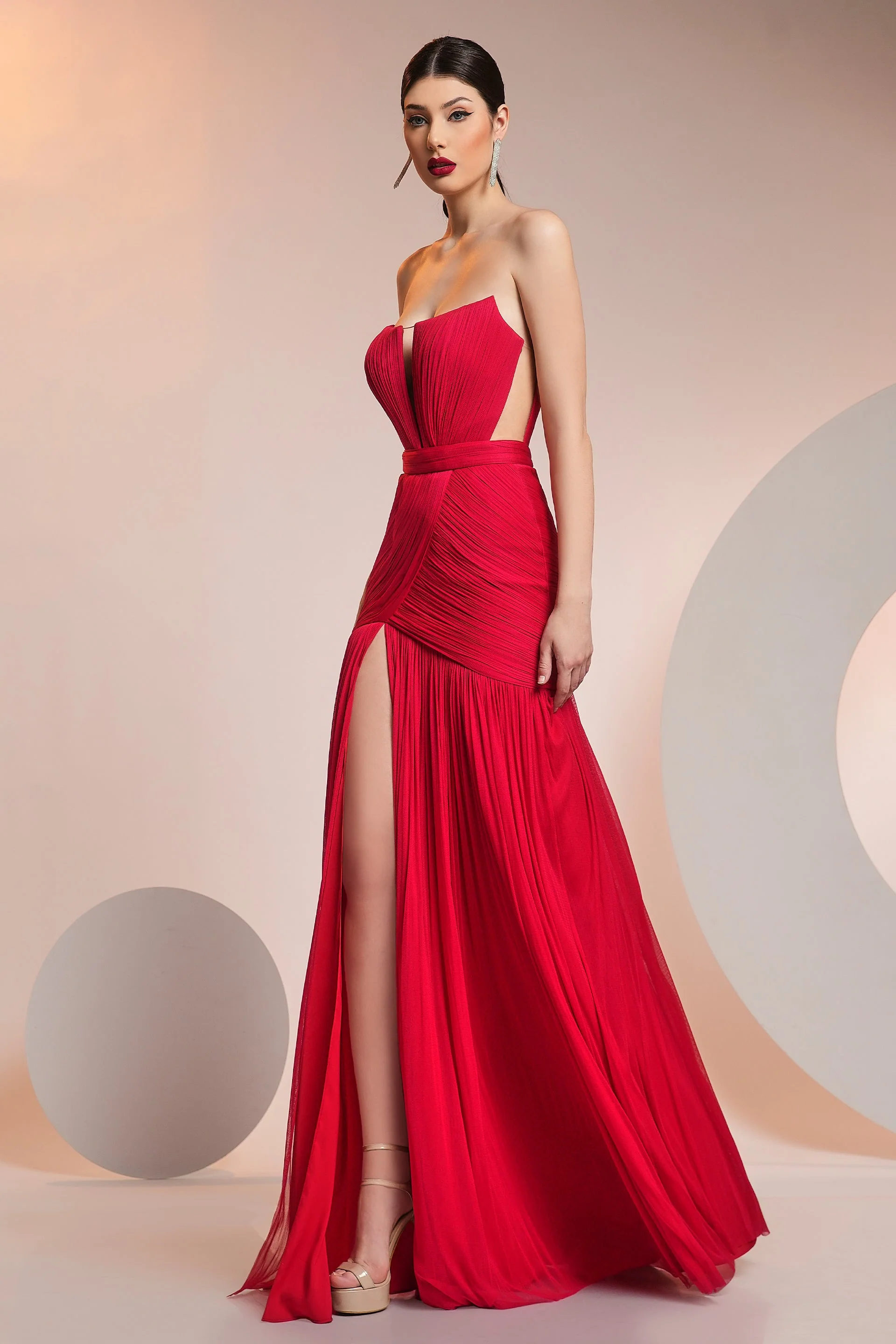 Rochie de seara lunga din fronseuri din matase si slit frontal CA582 - Image 7