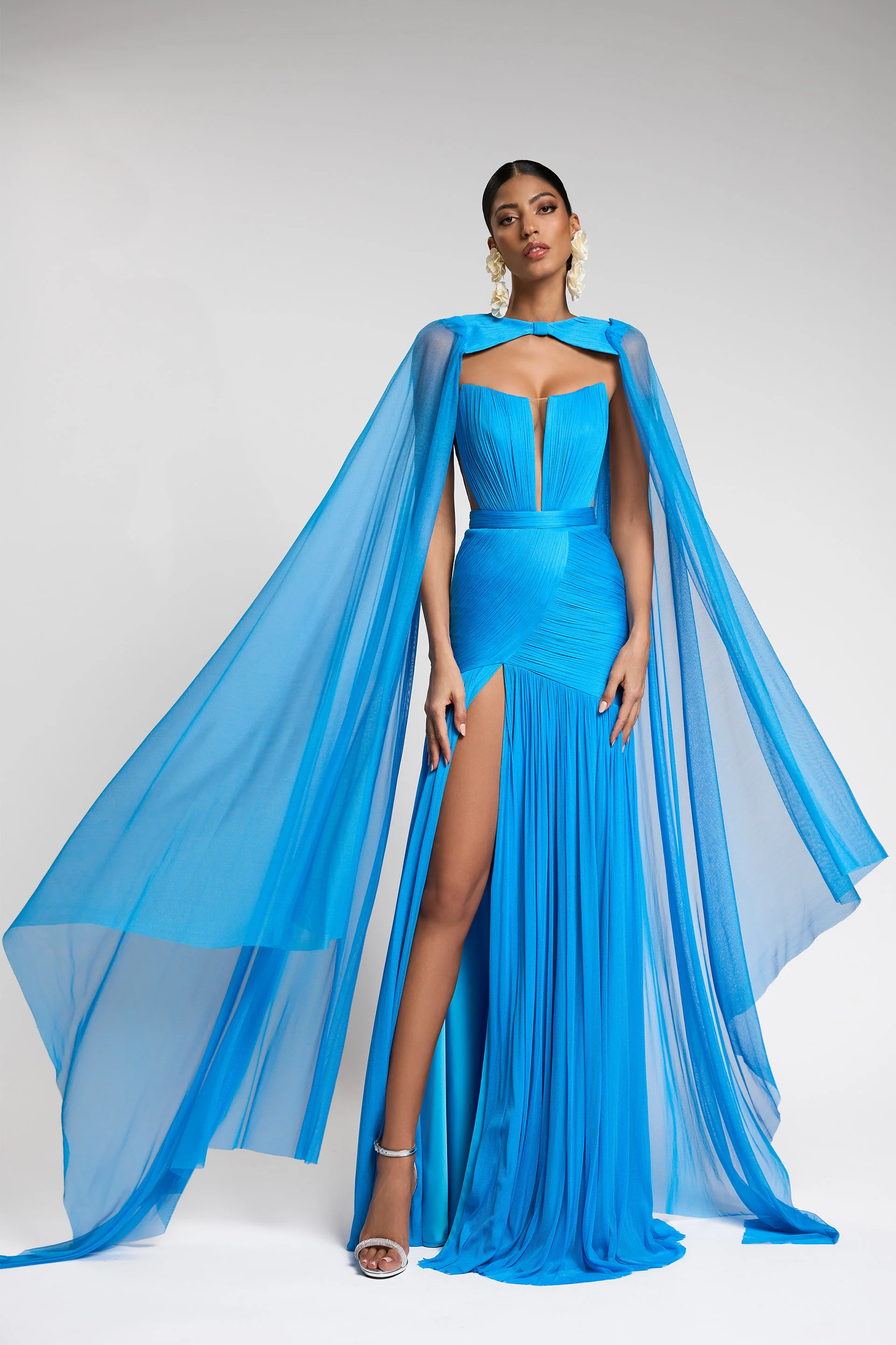 Rochie de seara lunga din fronseuri din matase si slit frontal Ivanka CA582 - Image 4