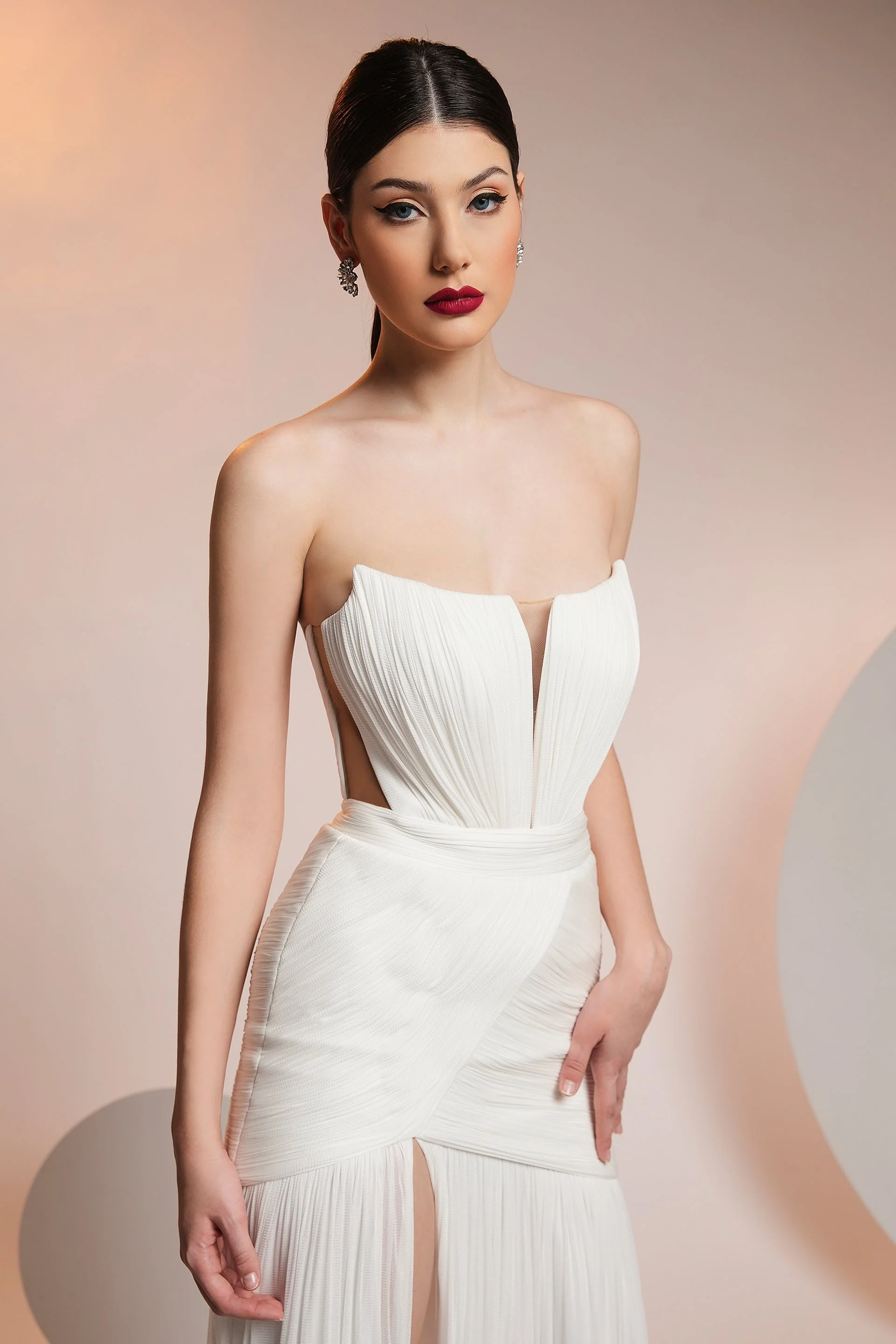 Rochie de seara lunga din fronseuri din matase si slit frontal CA582 - Image 3