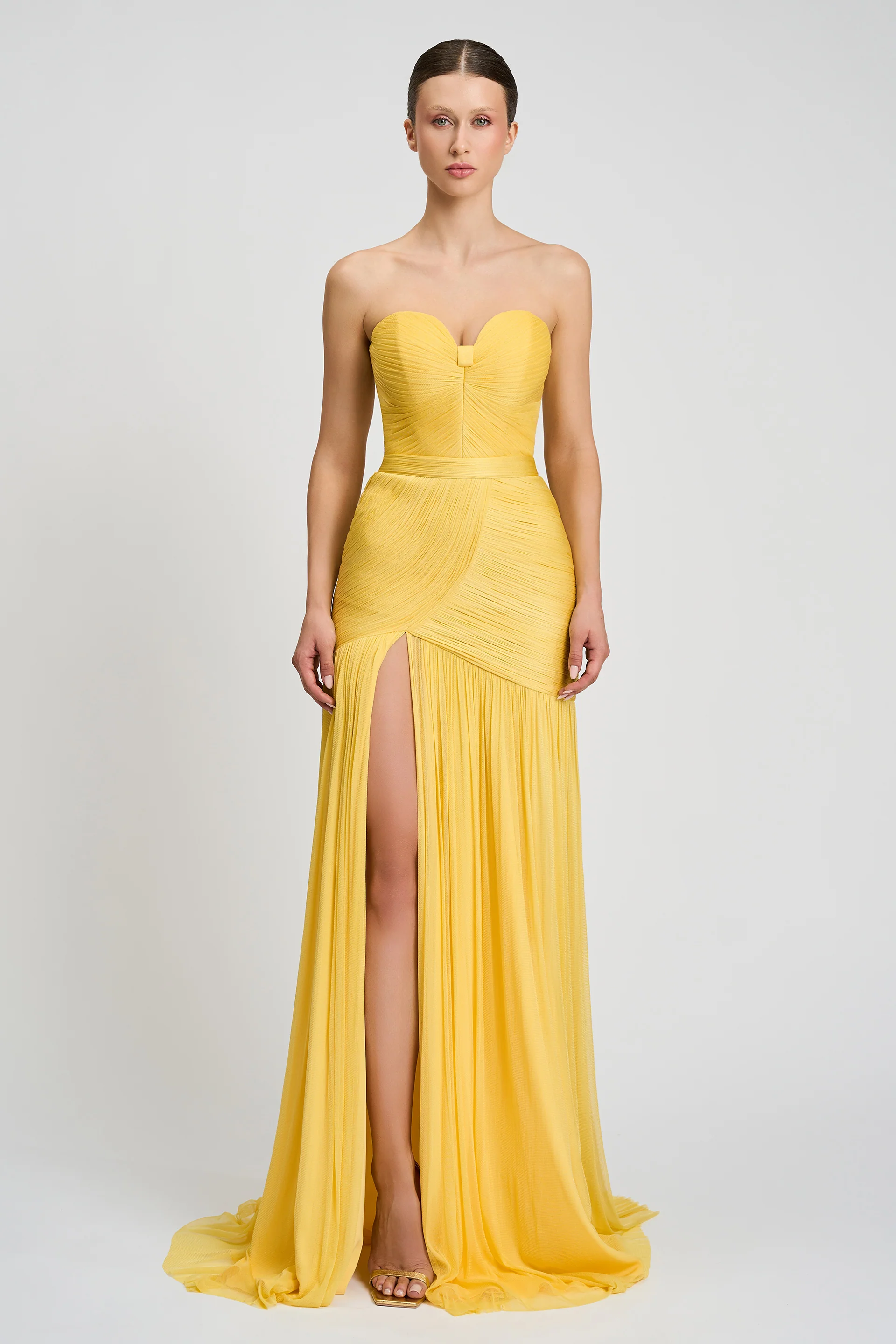 Rochie de seara lunga din fronseuri din matase si slit frontal Calista CA156