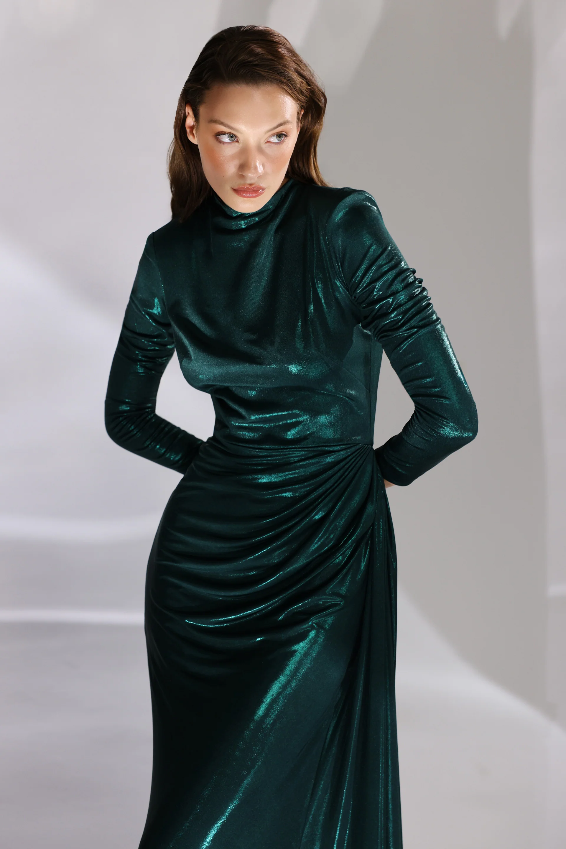 Rochie de seara lunga din lycra metalic cu maneci lungi Nyssia CA167 - Image 11