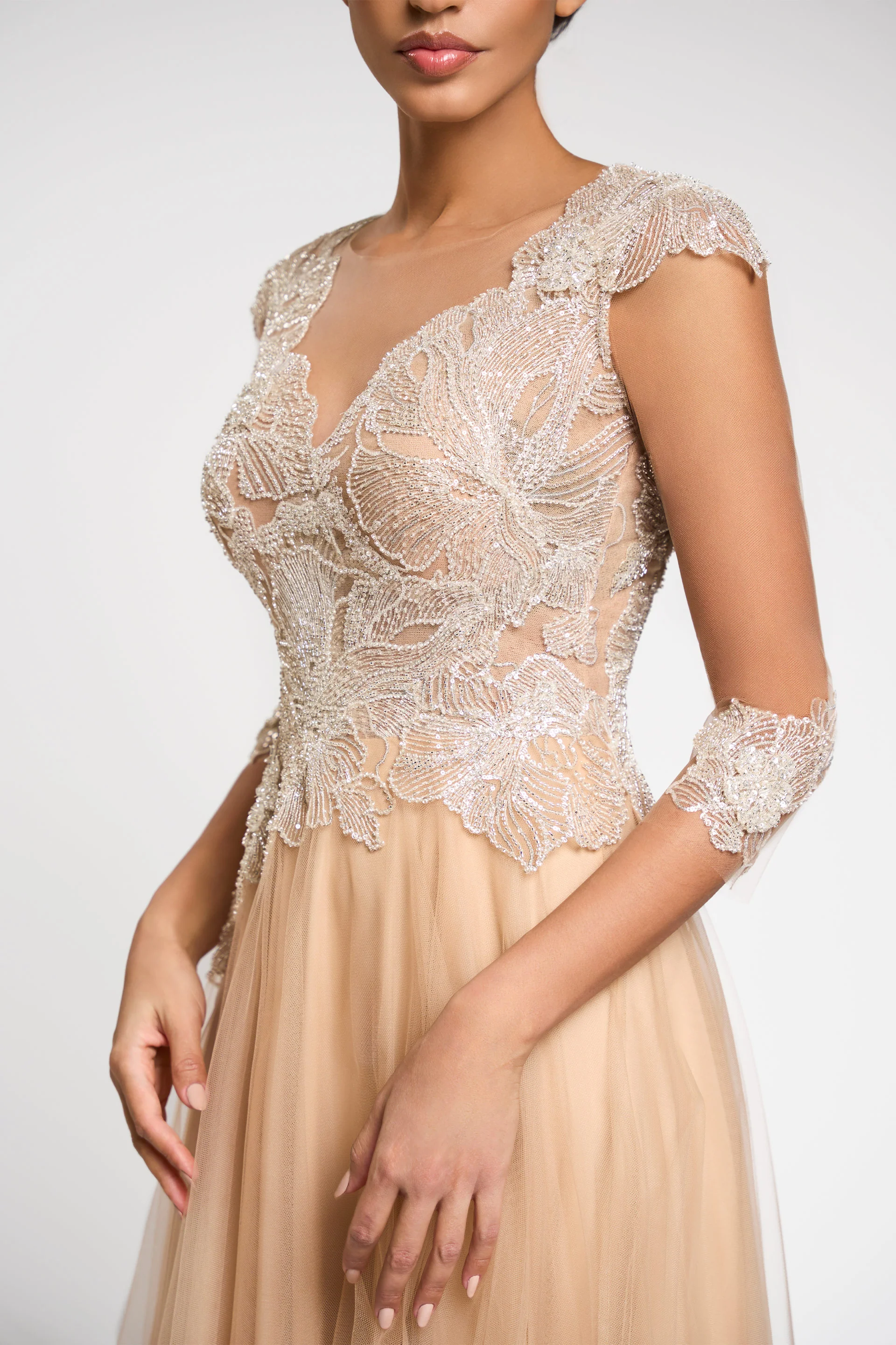 Rochie de seara realizata din tul italian 100% poliamida si broderie cu aplicatii Lucretia CA136 - Image 3