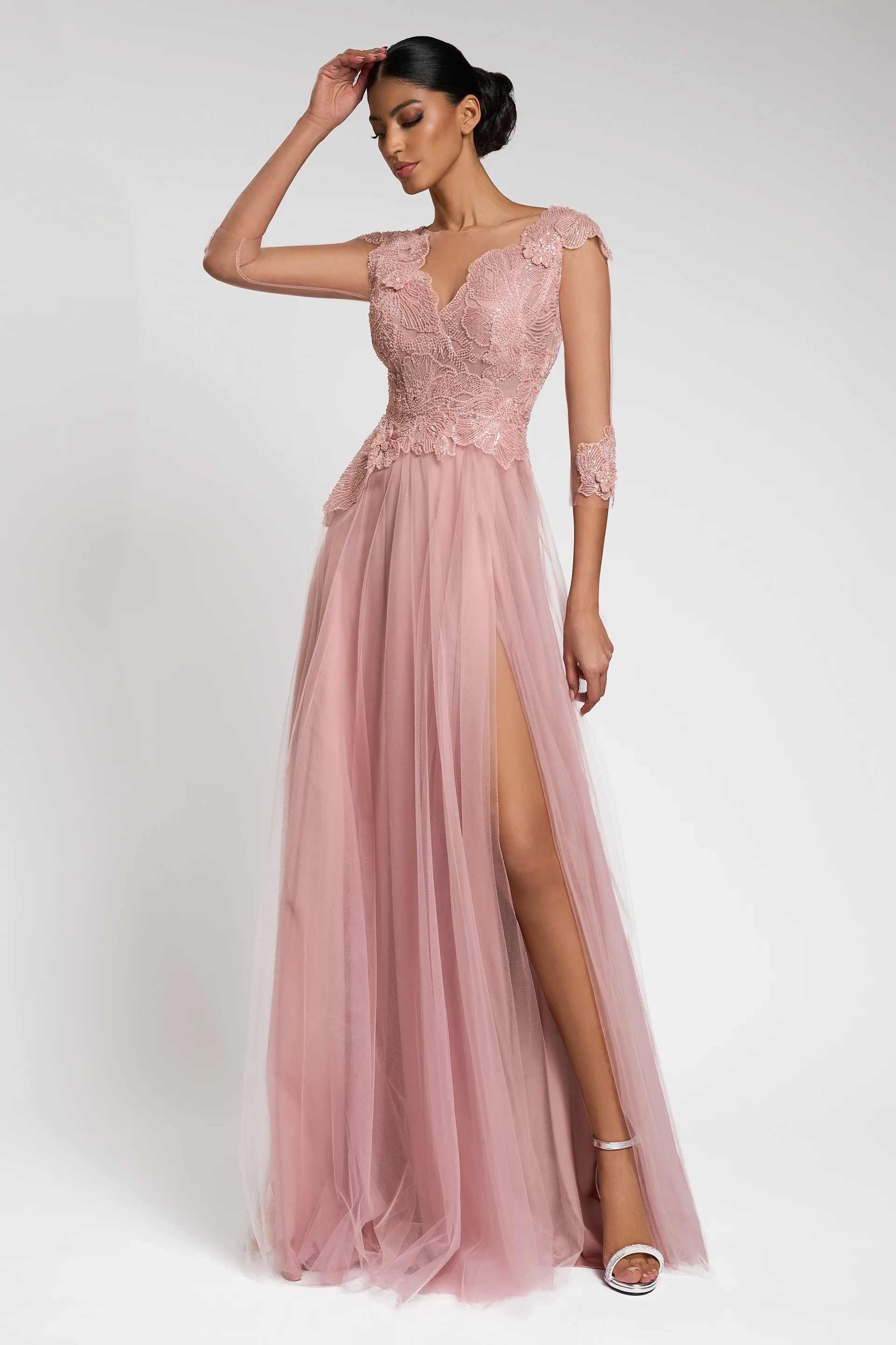 Rochie de seara realizata din tul italian 100% poliamida si broderie cu aplicatii Lucretia CA136 - Image 6