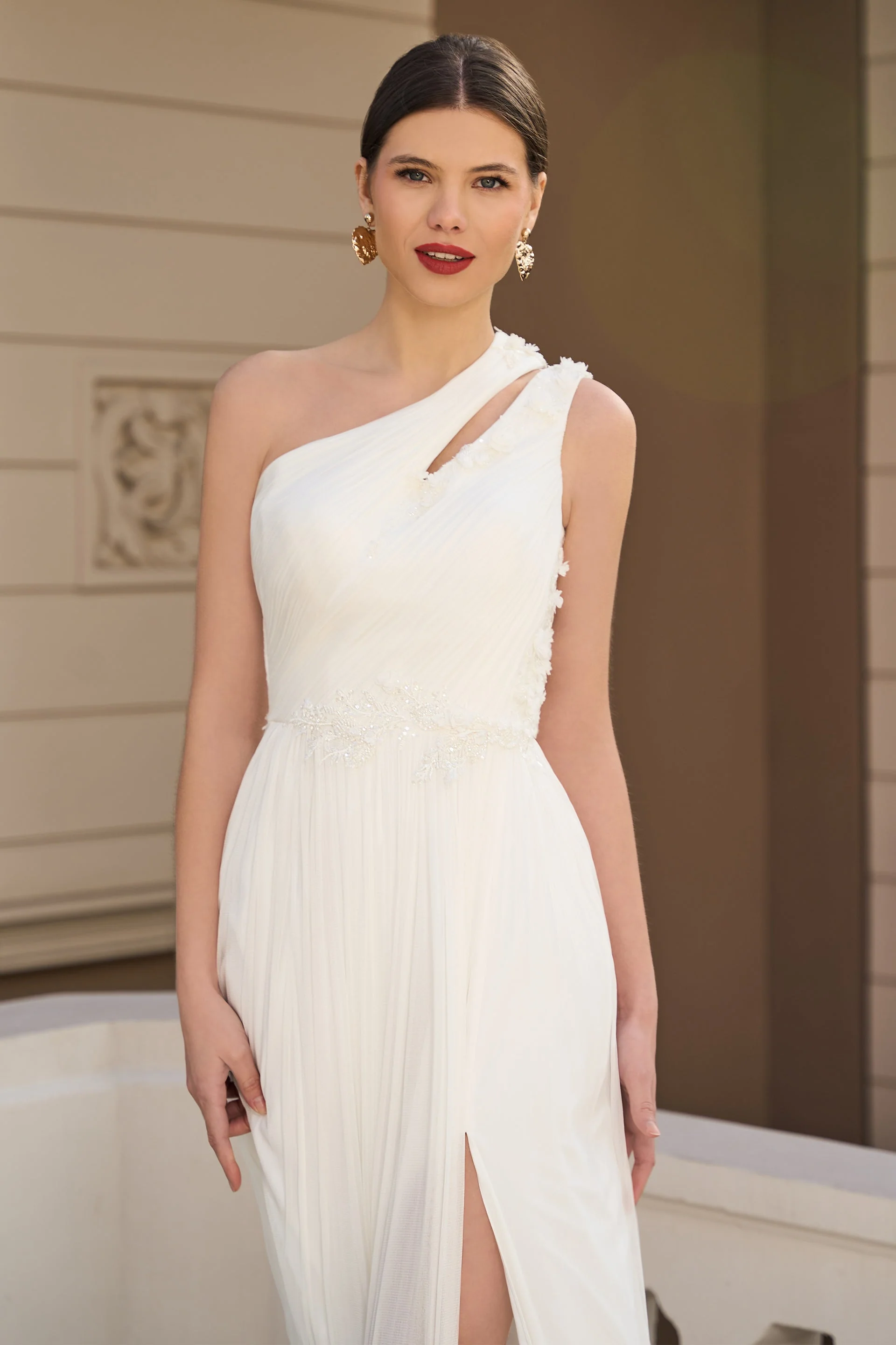 Rochie lunga realizata din tul din matase pura cu dantela Chantilly franceza CA1343 - Image 3