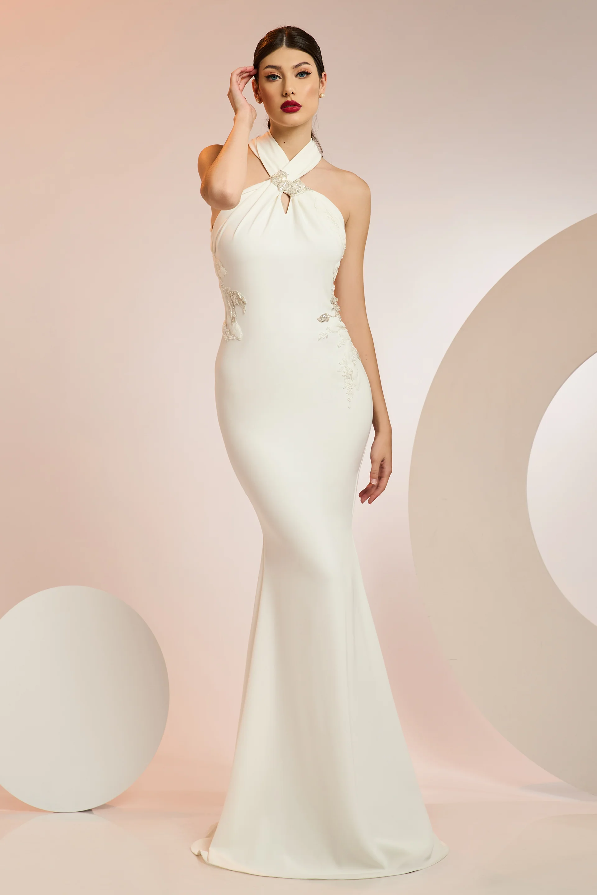 Rochie lunga tip sirena, cu trena, confectionata din stretch-crepe CA1377