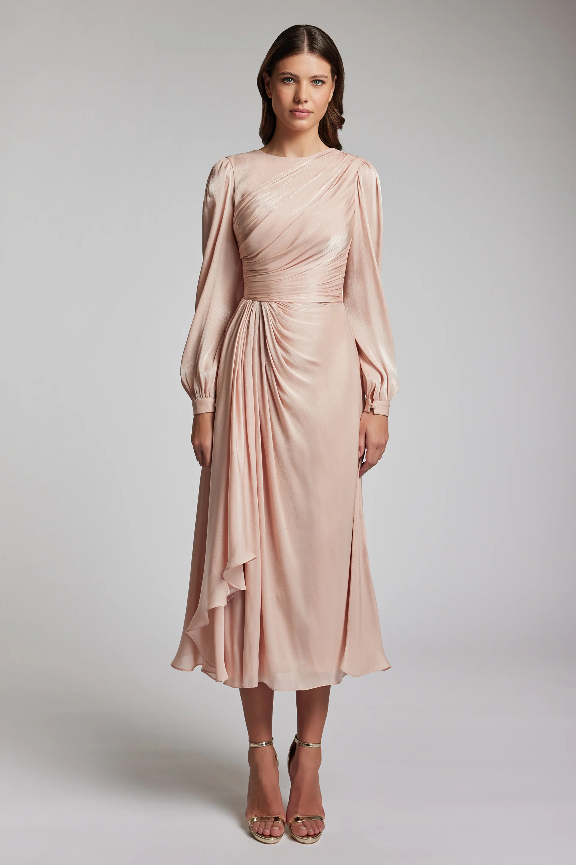 Rochie midi cu maneci lungi din chiffon de matase metalizat Norma CA197