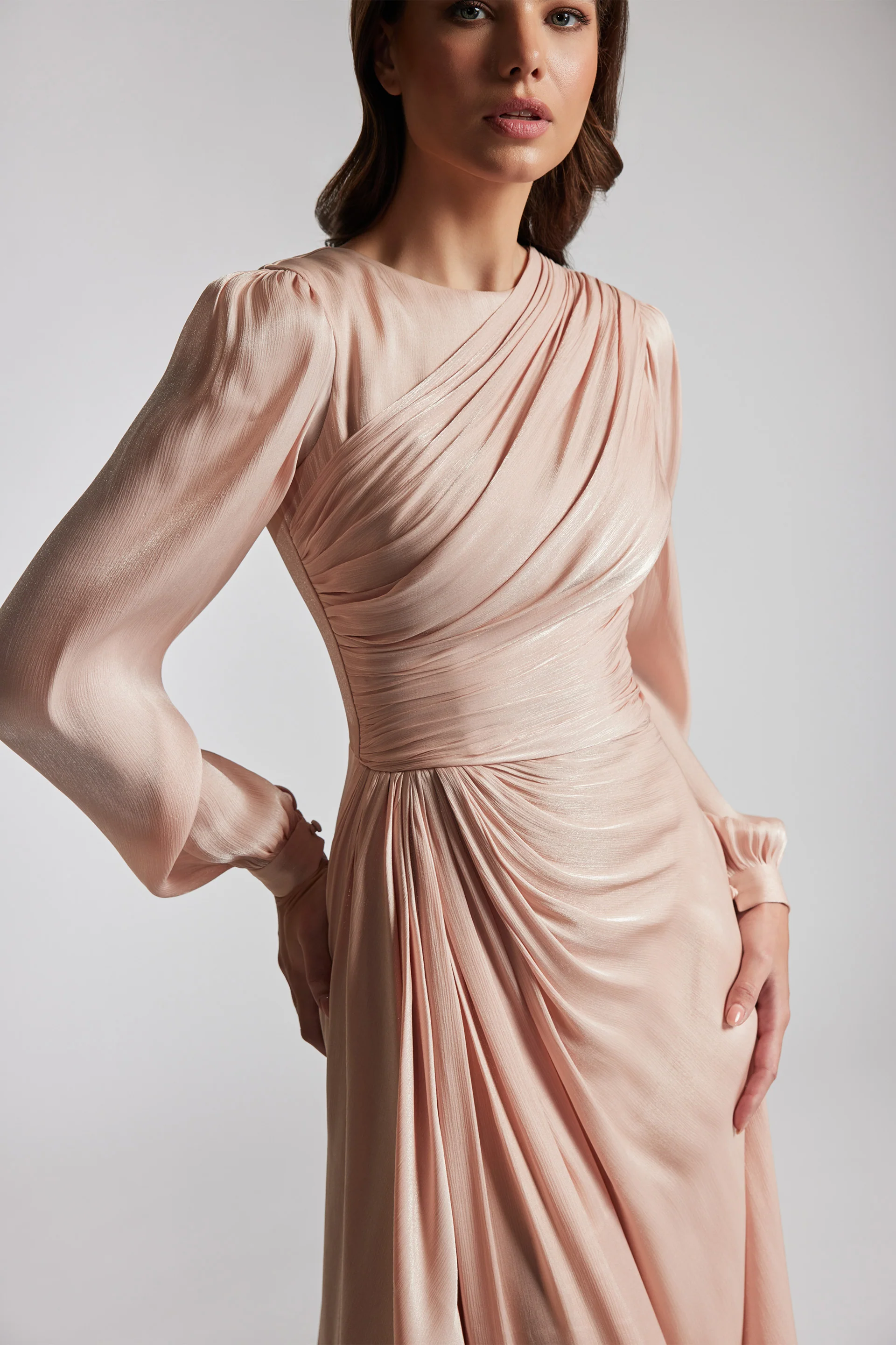 Rochie midi cu maneci lungi din chiffon de matase metalizat Norma CA197 - Image 2