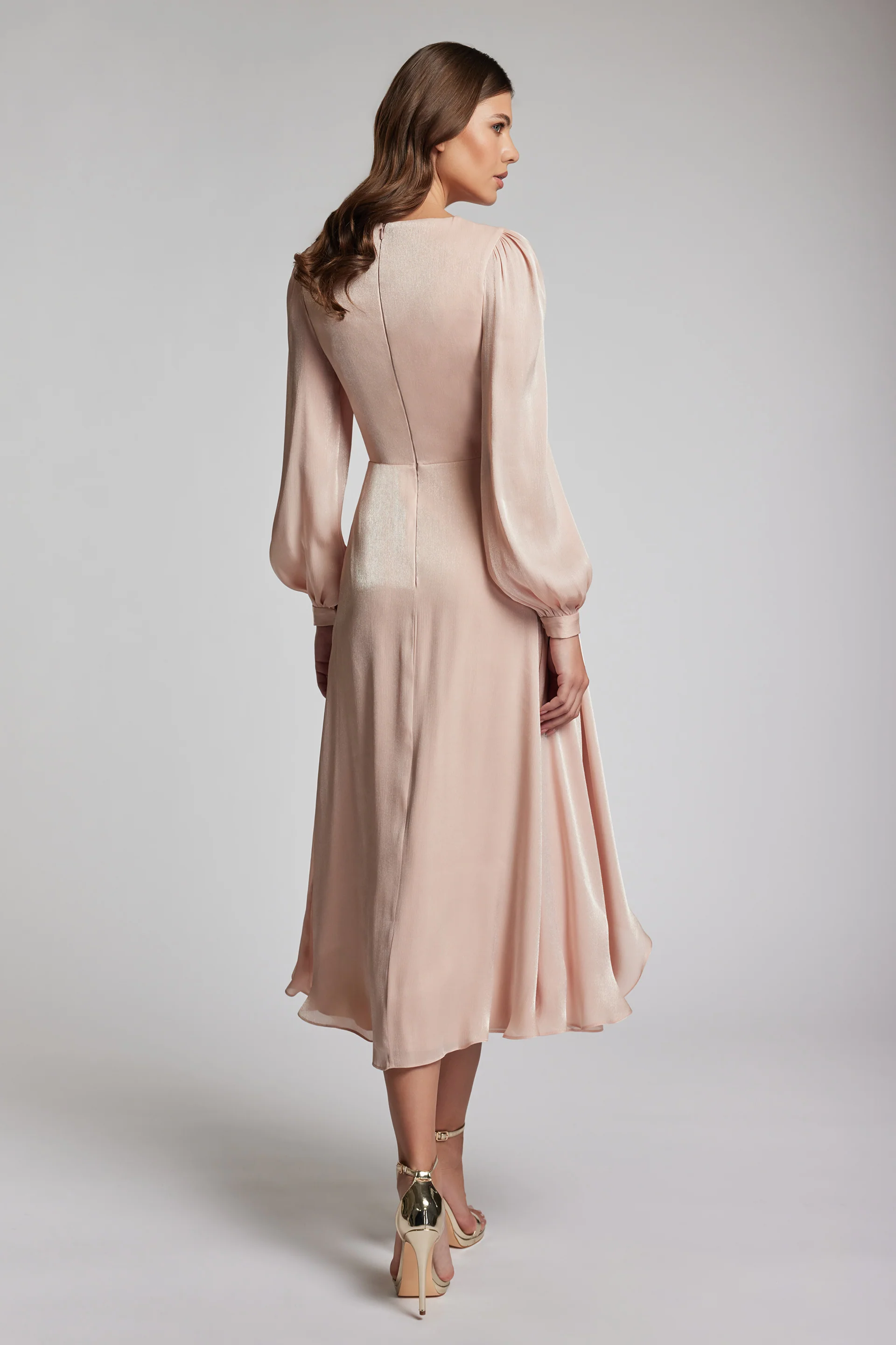 Rochie midi cu maneci lungi din chiffon de matase metalizat Norma CA197 - Image 3
