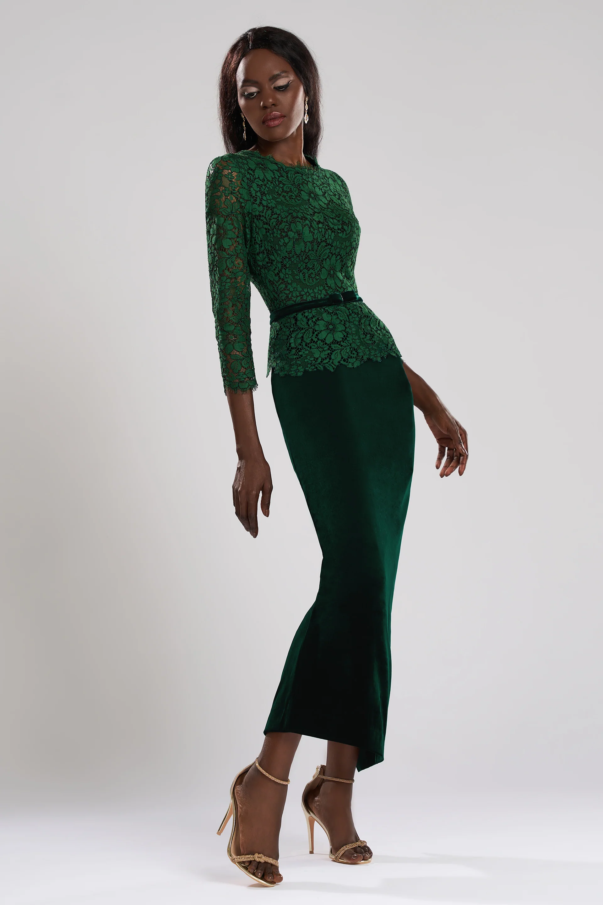 Rochie midi realizata din dantela si catifea Ida CA102 - Image 3