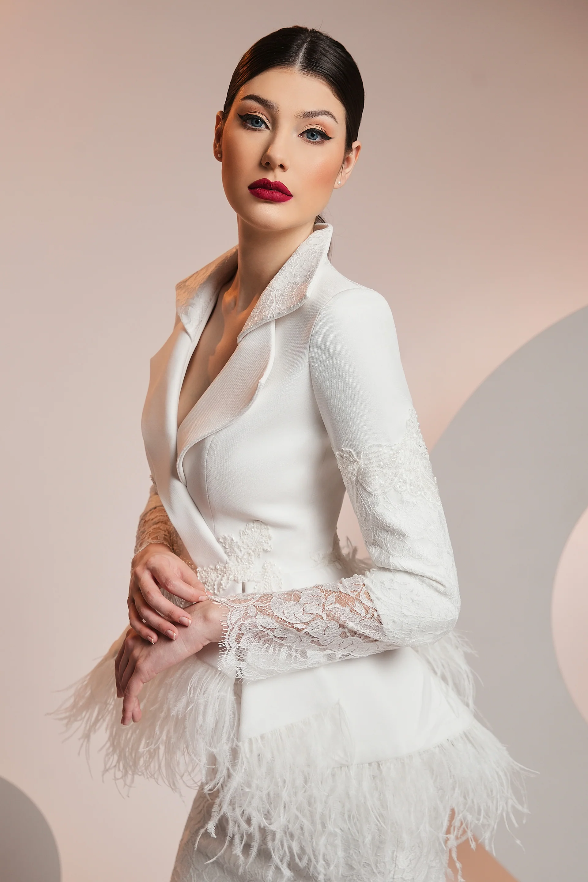 Sacou cu peplum din stretch-crepe si dantela Chantilly CA1408 - Image 2
